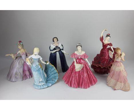 Six porcelain figures of ladies, Royal Worcester The Queen Mother, Wedgwood Enchanted Evening, Coalport Flamenco, and three F