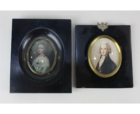 A miniature portrait painted on copper, depicting a lady with blonde ringlets, dressed in blue gown and pearl necklace, 7.5cm
