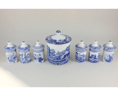 A Spode porcelain Italian pattern jar and cover, together with six Spode Blue Room spice jars and covers