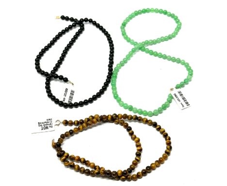 4 x 9ct gold clasped gemstone beaded necklaces inc. tigers eye, quartzite, black paste (50g)