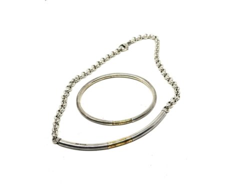 15ct gold and silver modernist bangle and necklace set (74g)