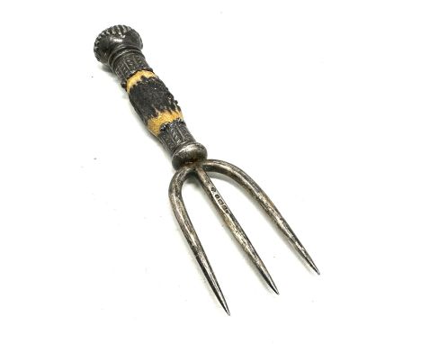 Antique silver &amp; horn handle 3 prong fork measures approx 18cm long sheffield silver hallmarks