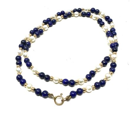9ct gold lapis and pearl beaded necklace (9.3g)
