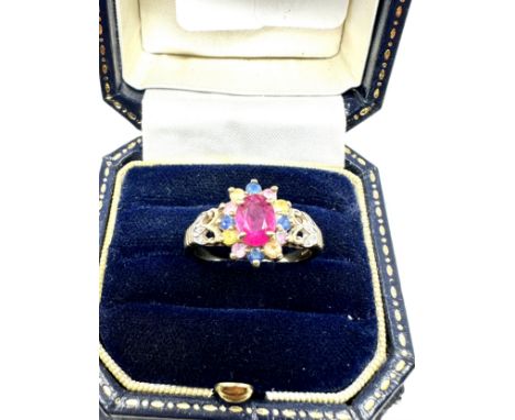 9ct gold diamond, sapphire, and ruby cluster dress ring (3.1g)