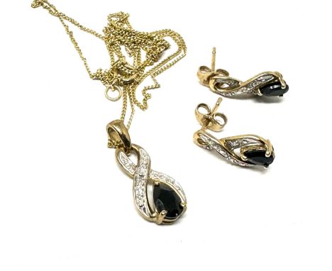 9ct gold sapphire and diamond earring and pendant necklace set (3g)