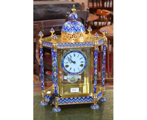 A late 20th century cloisonné and gilt brass mantel clock, the 9.5cm diam white enamel dial painted with Roman numerals and s