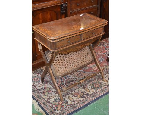 An inlaid card table, folding top opening to baize playing surface, single drawer to frieze, X- frame supports, wickerwork pa