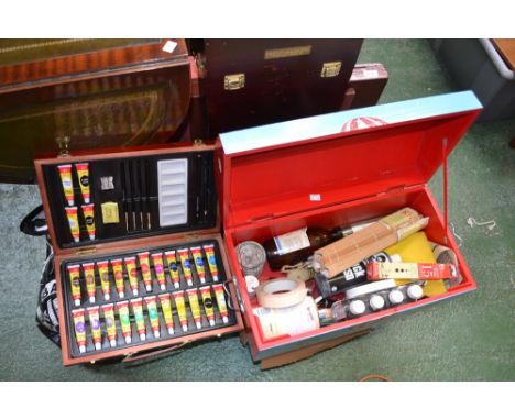 Artist's Accessories - paint brushes; oil and watercolour paints, various; palettes; books; carry cases; a decorative trunk o