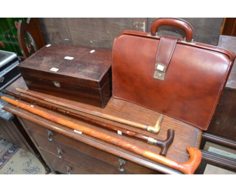 Gentleman's Accessories - a Victorian rectangular writing slope, a horn handle walking stick; others; a tan leather bag (5)