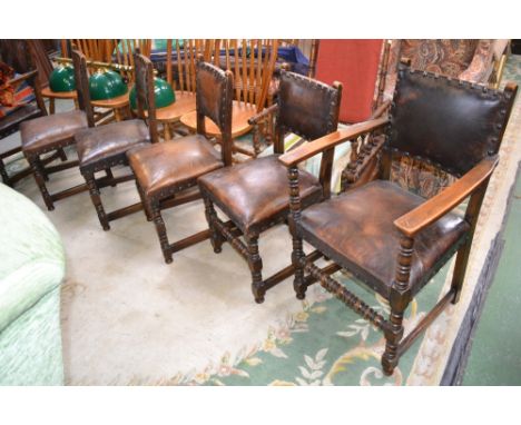 A set four dining chairs, studded padded leather backs and seats, bobbin turned and block supports and front stretcher, two c