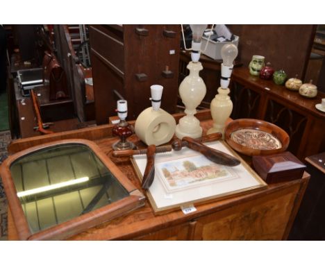 Household- a Sirram picnic outfit, lamps, wooden items, carriage clock, watercolour of Bakewell, etc