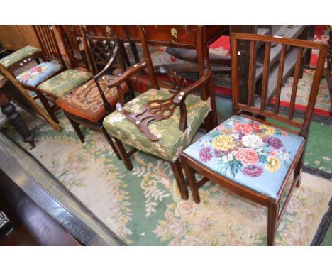 A Victorian foot stool, serpentine upholstered top, cabriole supports; a harlequin set of five chairs comprising a Chippendal