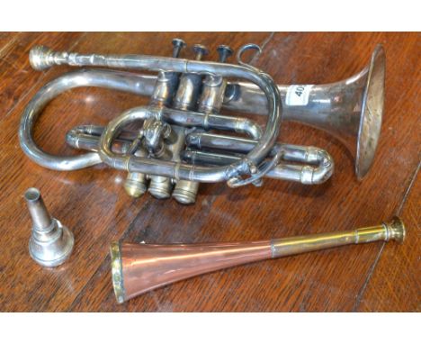 A Besson & Co silver plated Class A Prototype Cornet, marked 50 Medals of Honour, 198 Euston Road London;  a copper and brass