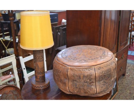 A Peruvian leather pouffe and a Peruvian leather table lamp (2)