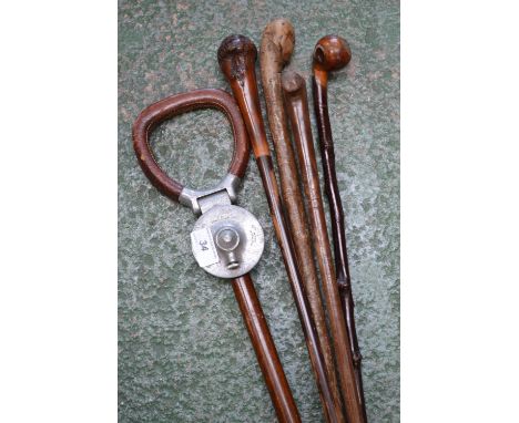 A shooting stick; four walking sticks (5)