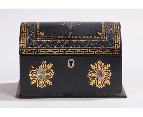Victorian papier mache tea caddy with gilt decoration and mother of pearl inlay, with two foil lined lidded compartments to t