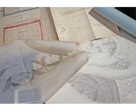 British school, a sketch of a reclining nude, together with a portrait sketch, a plan and a design, (4)