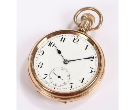 Gold plated open face pocket watch, with a white enamel dial with Roman hours, the case 50mm diameter 