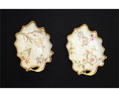 Two Royal Worcester blush ivory leaf shaped dishes, (2)