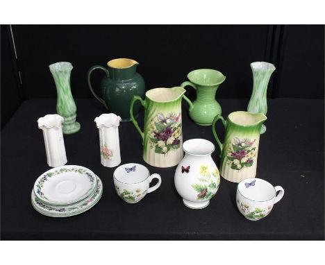 Green Denby jug together with a quantity of ceramic jugs and vases (qty)