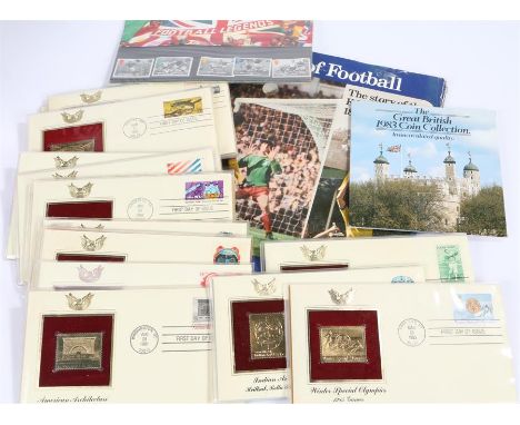 Stamps and coins, to include USA first day covers, Football legends UK stamps, 100 years of football Esso and 1983 Great Brit