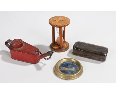 Bone snuff box with hinged cover, treen hourglass, small red oil can, brass miniature depicting the crystal palace in a circu