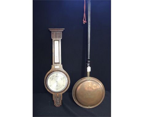 Oak cased barometer/thermometer, copper warming pan with ebonised handle, (2)