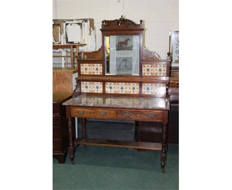 Edwardian mahogany and marquetry inlaid washstand, the upstand with broken arch pediment, central gadrooned urn above a bevel