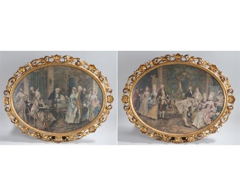 Pair of 19th Century gilt and gesso pierced oval frames, containing later coloured prints depicting Regency interior scenes, 