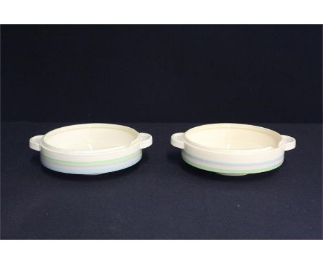 Pair of Clarice Cliff circular tureen's,  with green and gilt band decoration, Wilkinson mark, (2)