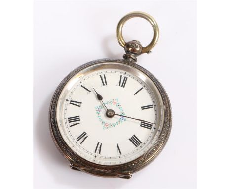 Silver open face pocket watch, with a white enamel dial and Roman hours, the case 38mm diameter 