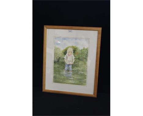 Chris Nichols, "Playtime", signed watercolour depicting a young boy wading in a stream with a model boat, in a pine frame, th