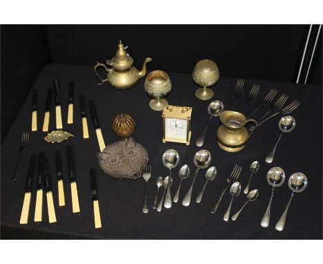 Brass coffee pot, carriage clock, goblets, plated cutlery etc. (qty)