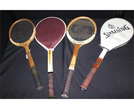 Four vintage wooden framed tennis rackets, by Slazenger, Spalding, Dunlop and Grays, (4)