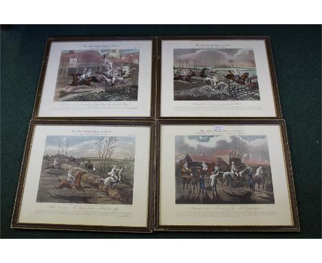 Series of four prints depicting the first steeplechase on record, in gilt and dark stained frames, the prints 44.5cm x36.5cm,
