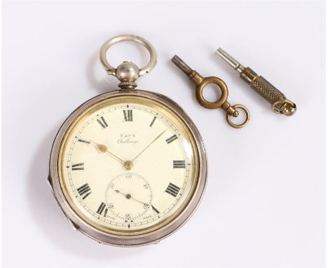 Silver openface pocket watch, Kay' Challenge, with a white enamel dial, Roman hours and subsidiary seconds