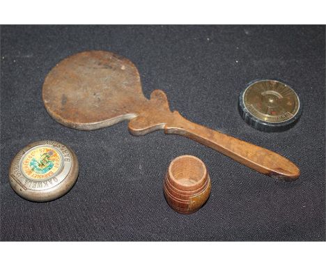 Works of Art, to include a barrel made from HMS Ganges, an Oakwell Brewery snuff box, a bat and a calendar, (4)