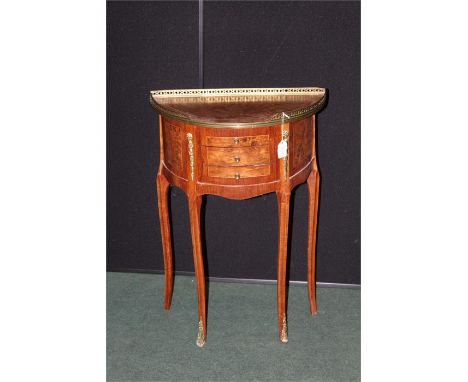 Reproduction French style demilune commode, pierced brass gallery, three frieze drawers, 50cm wide