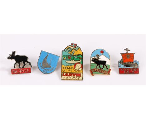 Scandinavian enamel badges, to include Norge, Kon-Tiki Oslo, Larvik and Viking Oslo