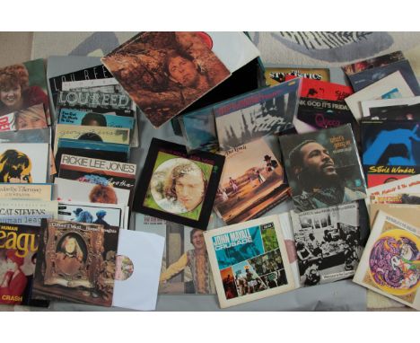 Vintage box full of LP vinyl records including John Mayall - Crusade, Slade - Alive, Queen, Stylistics, Lou Reed, Tamla Mowto