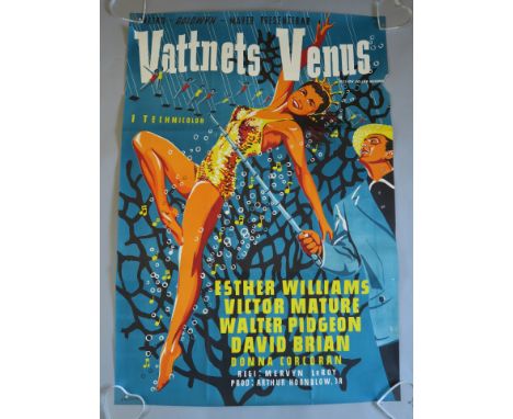 Vintage film posters including "Million Dollar Mermaid" Swedish starring Esther Williams, art by A. Gullberg, 27 x 39.5 inch,
