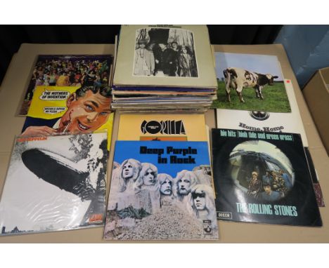 Collection of vinyl records including Pink Floyd - Atom Heart Mother, Led Zeppelin, Mothers of Invention, Were only in it for