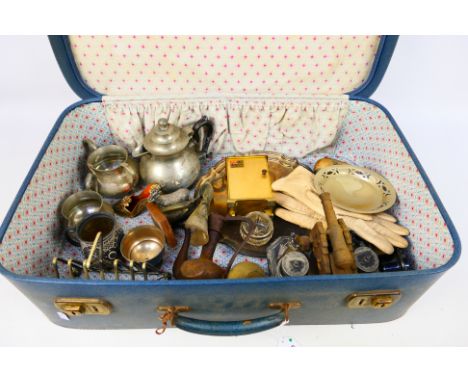 Mixed collectables to include plated ware, other metal wares, clock, desk cannon model, silver mounted small dressing table b