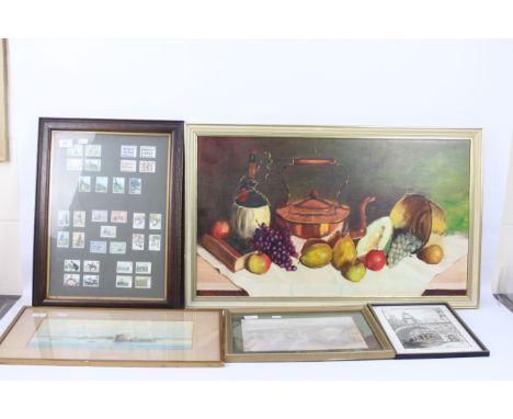 5 x framed paintings, prints, framed stamps. Includes a painting of fruit, copper teapot, wine bottle, signed bottom left by 