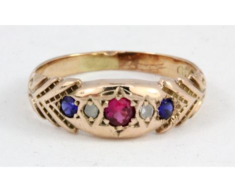 A rose metal (tested 15ct gold) ring set with diamonds and other stones, (K).