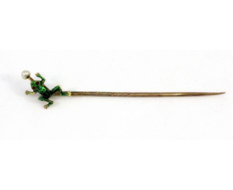 A boxed 9ct yellow gold enamelled pearl set stick pin.