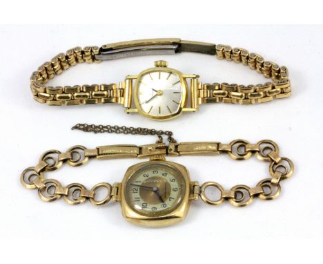 A vintage lady's 9ct yellow gold wrist watch together with a Tissot 9ct gold watch on a rolled gold strap.