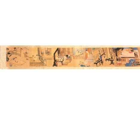 A Chinese silk mounted erotic scroll, W. 25cm L. 230cm.