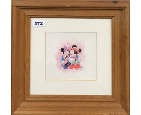 A small pine framed print of Mickey &amp; Minnie mouse.