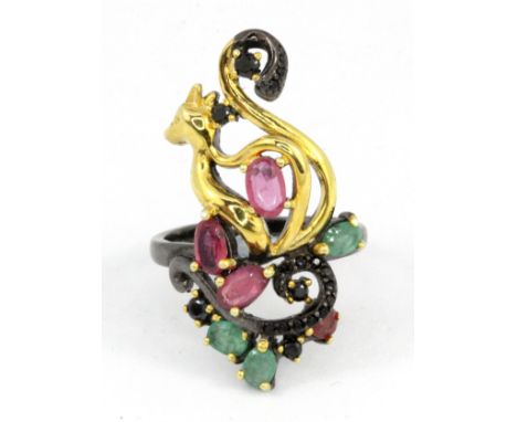 A 925 silver gilt ring set with emerald, ruby and black spinel, (L).